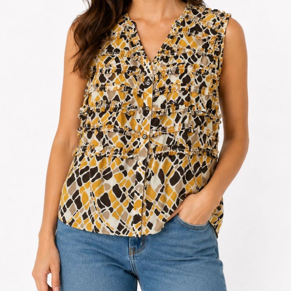 Tory Burch 100% Silk Yellow and Black Ruffled Sleeveless Blouse - Size 10